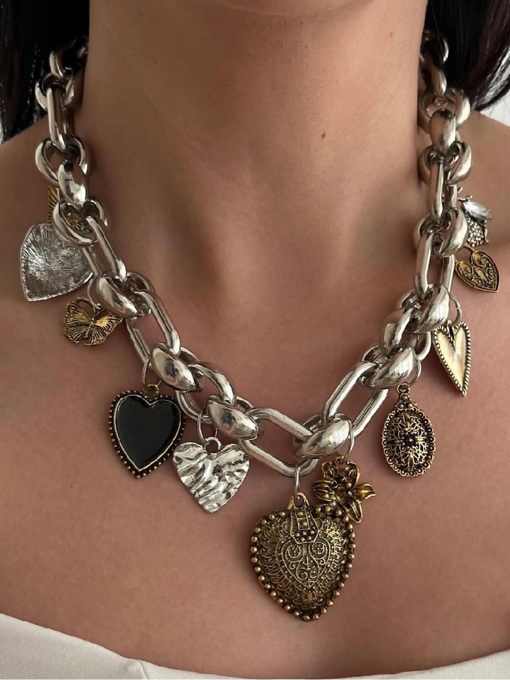 Zara Chunky Stainless Steel Heart Charm Necklace Waterproof Jewelry